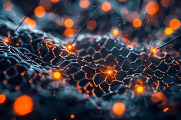Poster - An intricate web of glowing nodes and lines forms a captivating pattern, illustrating connections in a dark environment, reminiscent of advanced technology.