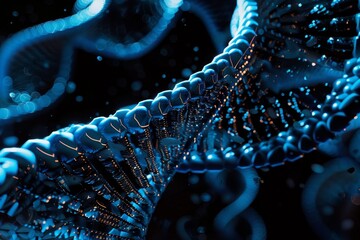 Poster - A close-up view of a molecular structure that resembles DNA, illuminated by glowing blue highlights against a dark background, showcasing its intricate design and complexity.