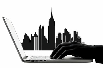 Poster - Silhouette hands using laptop with city skyline.