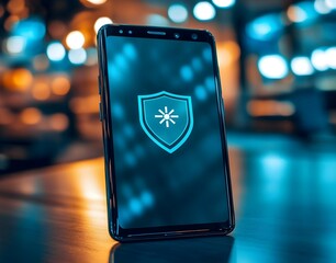 Poster - Smartphone displaying a digital security shield icon.
