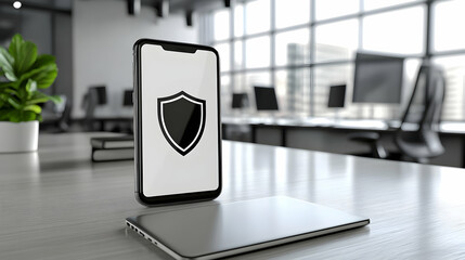 Poster - Smartphone displaying a shield security icon on a desk in a modern office.