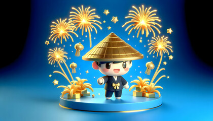 Wall Mural - 3D Plain blue background with golden fireworks and copy space on top. concept as A plain blue backdrop featuring golden fireworks exploding symbolizing celebration and joy during Lunar New Year with a