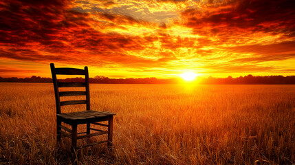 Wall Mural - Solitary wooden chair in a golden field at sunset under a fiery sky.