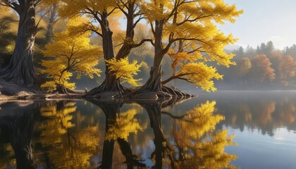 Wall Mural - The intricate details of a yellow-leaved tree are mirrored perfectly in the still waters of the lake, yellow tree, environment, foliage