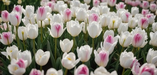 Wall Mural - White tulips with a few pink ones emerging from the center, flower, beautiful