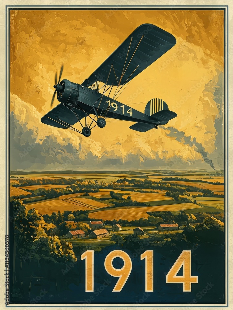 An antique airplane flies over vibrant green fields and farms, capturing the essence of aviation in 1914. Soft clouds and a distant plume of smoke enhance the historical atmosphere.