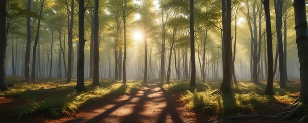 Panoramic view of a beech forest with sunlight filtering through, forest canopy, forest floor