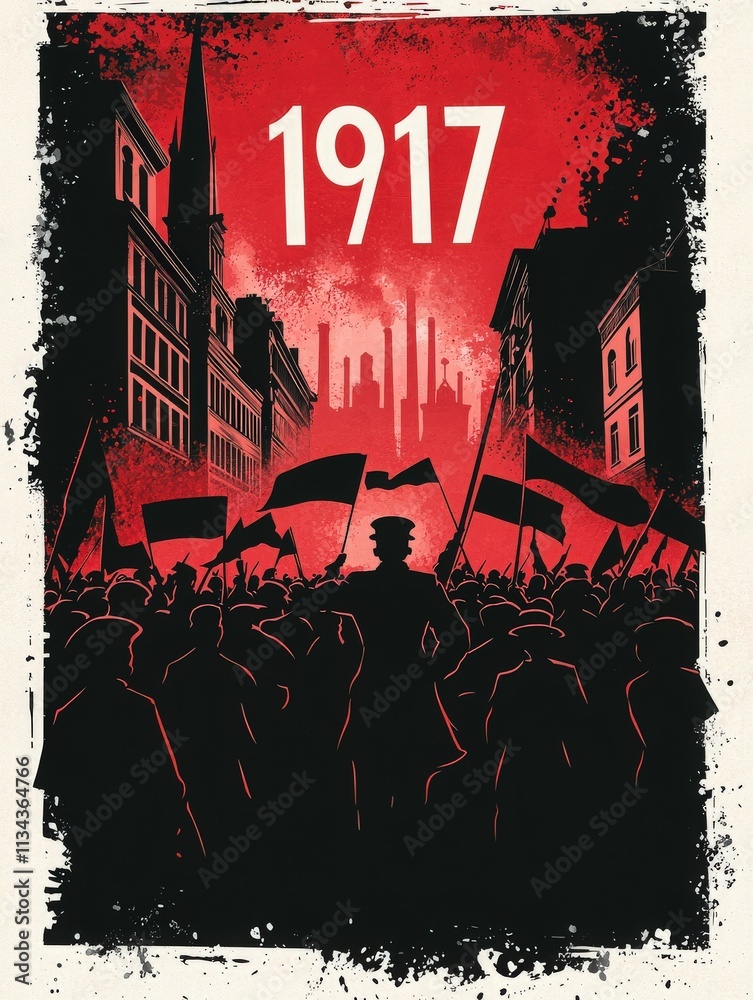 A large crowd of people holds flags and gathers in a city street during a demonstration in 1917.