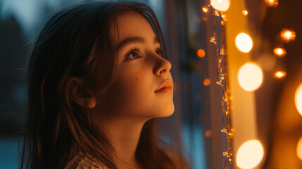 Young girl gazes at warm lights during evening time in a cozy setting near a window