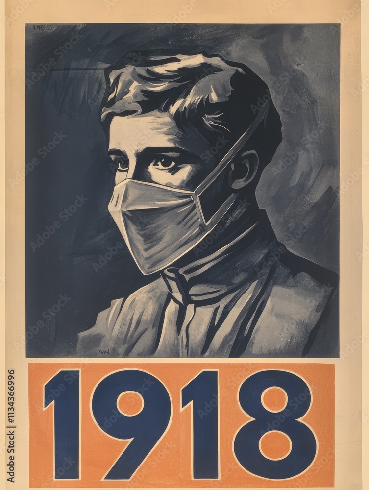 The artwork depicts a young person wearing a mask, symbolizing public health measures during the 1918 influenza pandemic.