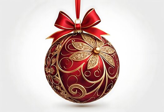 Christmas ornament, red bauble, golden floral pattern ai generator