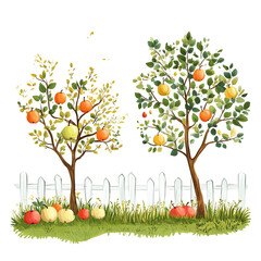 Wall Mural - Two Fruit Trees in a Garden Illustration