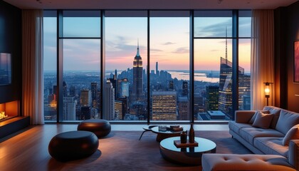 Wall Mural - A luxurious living room with floor-to-ceiling windows offering a panoramic view of the New York City skyline at sunset.