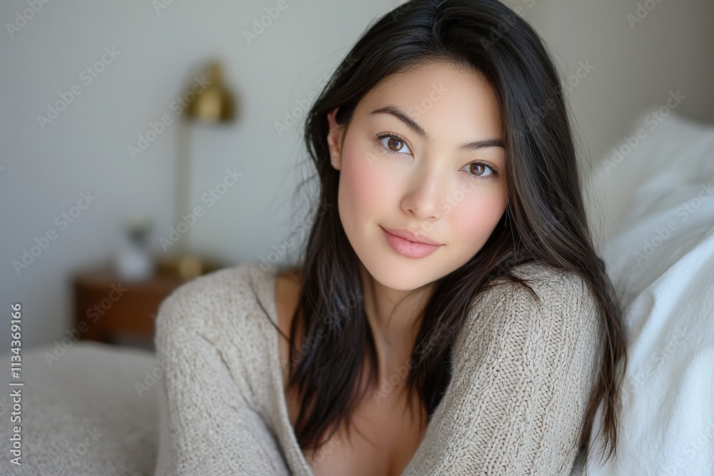 A woman with long dark hair sits comfortably in a beautifully lit indoor space. She wears a soft sweater, exuding warmth and tranquility while looking at the viewer with a gentle smile.
