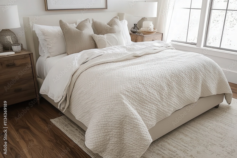 A beautifully arranged bedroom featuring a plush bed with white linens and decorative pillows. Soft sunlight pours in through large windows, creating a warm and tranquil atmosphere.