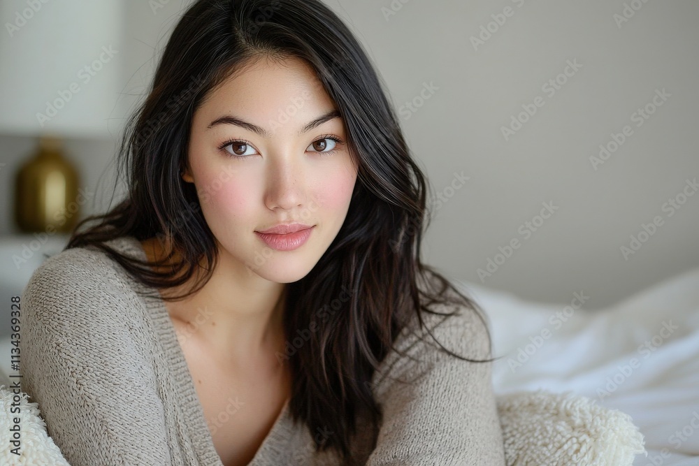 A young woman with smooth, glowing skin and softly styled hair sits comfortably in a well-lit room, exuding a relaxed yet confident vibe. Her warm expression invites connection.