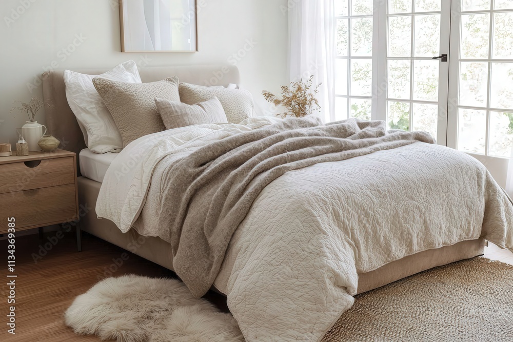 This inviting bedroom features a plush bed adorned with layers of neutral bedding. Soft pillows and a warm throw blanket enhance the calming environment, complemented by natural light.