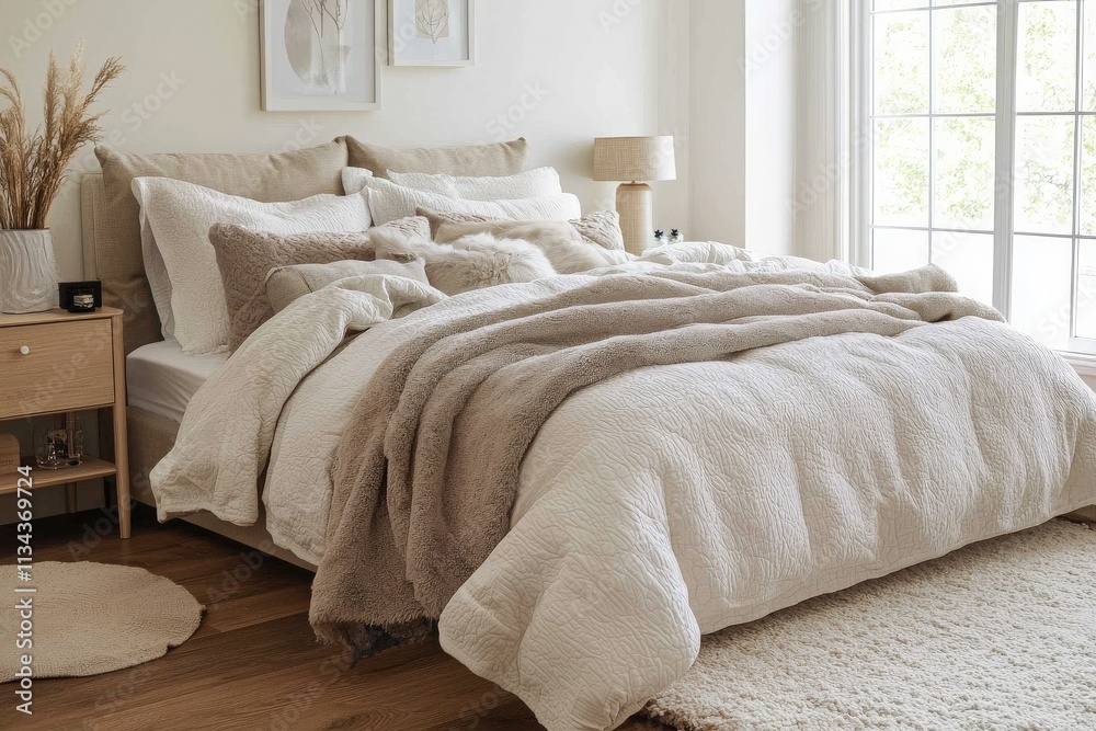 This inviting bedroom features a plush bed with layered bedding in soft neutrals, a wooden nightstand, and a stylish lamp, creating a serene atmosphere in a well-lit environment.