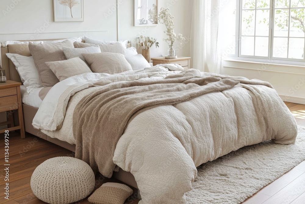 A serene bedroom filled with soft neutral tones and natural light. Layers of plush bedding and pillows create a welcoming atmosphere, perfect for relaxation and comfort.