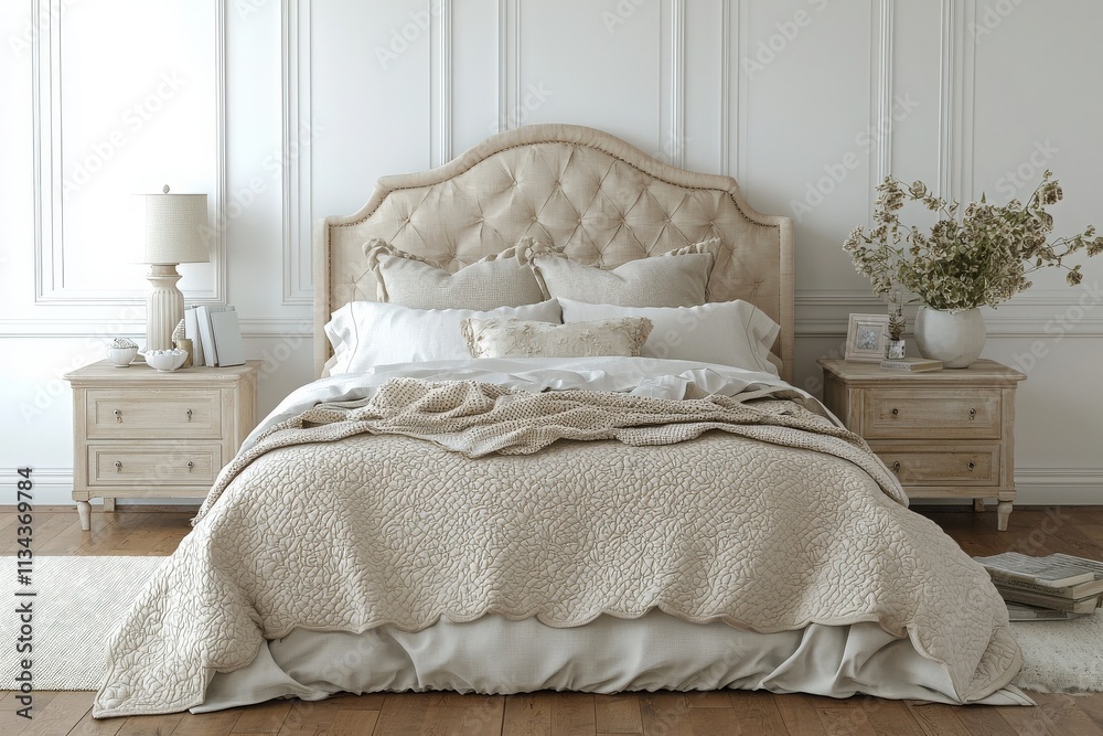 A stylish bedroom features a plush bed adorned with neutral-colored linens and decorative pillows. Soft textures create a warm, inviting atmosphere, complemented by elegant bedside tables and a lamp.