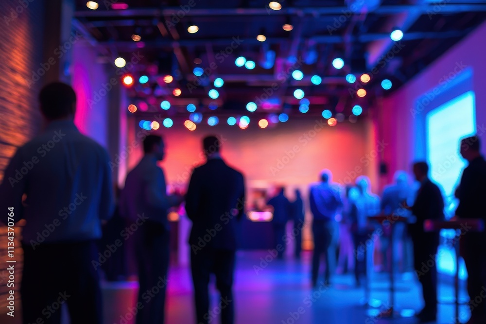 Attendees gather at a contemporary venue featuring vibrant lighting for a networking event. Individuals converse and connect, creating a lively atmosphere in the dimly lit space.