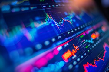 Poster - A vibrant visual representation of stock market data shows various financial trends, with colorful line graphs and numbers illuminated in a dark setting.