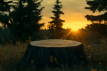 Wall Mural - Sunset view behind a tree stump in a forest.