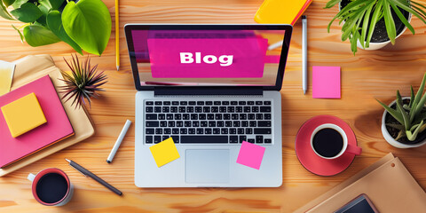 the concept of working remotely blogger from home, laptop screen displays a vibrant Blog word laptop page keyboard notebook blogger internet computer marketing opinion interface