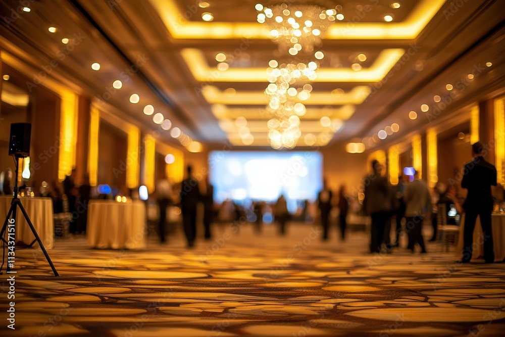 A spacious banquet hall is softly lit with golden tones, featuring elegantly dressed guests mingling. The atmosphere is festive as a large screen displays visuals, creating an inviting ambiance.