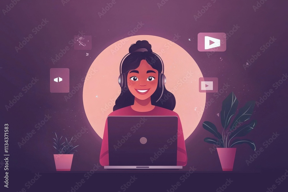 A young woman with long dark hair sits at a desk, wearing headphones and smiling while interacting with a laptop. Bright video icons surround her, complementing the warm, inviting atmosphere.