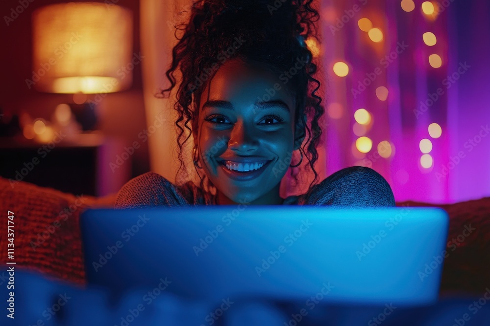 A young woman smiles brightly while using a laptop in a warm, dimly lit room adorned with string lights. The relaxed atmosphere enhances her joyful expression during her evening activity.