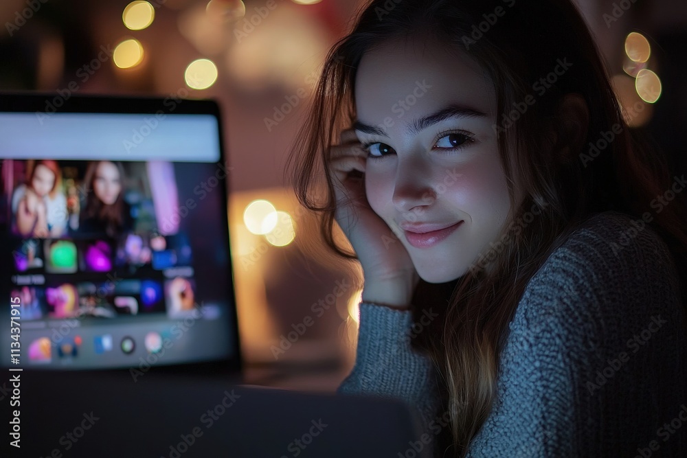 A joyful young woman sits in a dimly lit room, leaning on her hand while looking at a laptop screen. The background features blurred lights, creating a warm and inviting atmosphere.