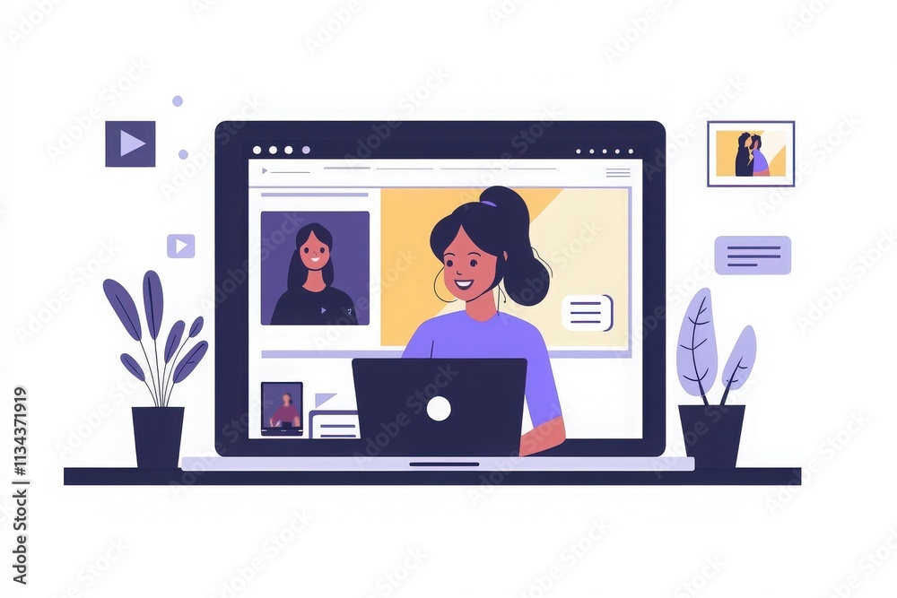 A young woman smiles while using a laptop for an online conversation. She appears focused and engaged, surrounded by houseplants and a bright workspace with visual content displayed.