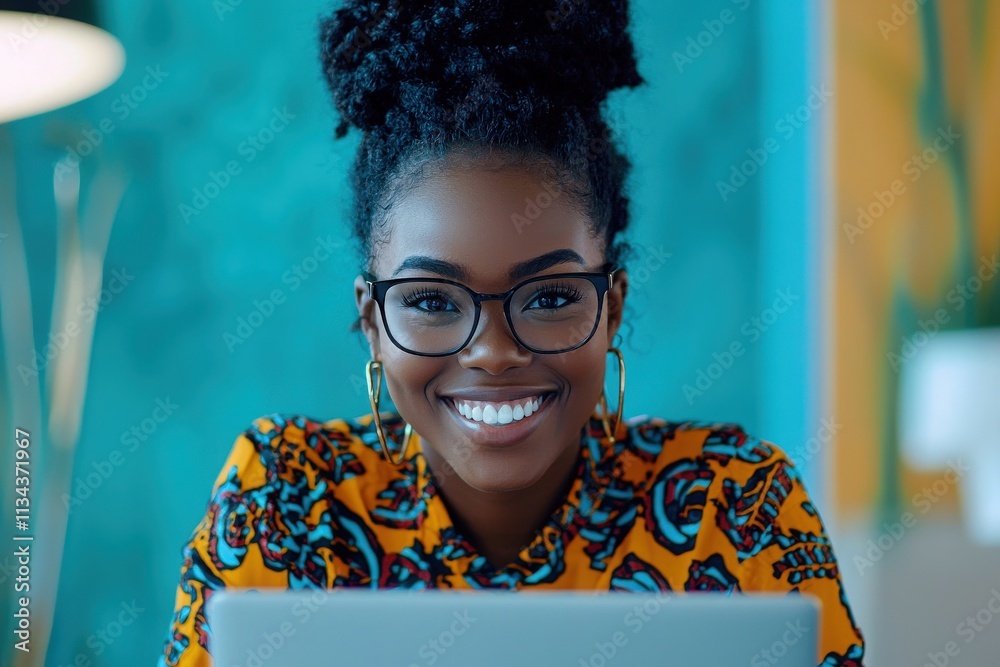 A young woman wearing glasses sits at a desk, smiling brightly while using her laptop in a creatively designed workspace with colorful decor. Her cheerful demeanor complements her stylish attire.