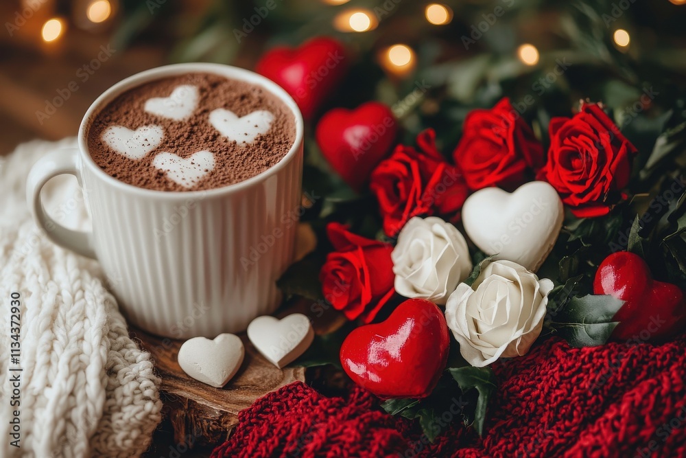 A cozy setting features a cup of hot cocoa topped with heart-shaped marshmallows, surrounded by red and white roses and decorative hearts, perfect for a romantic celebration.
