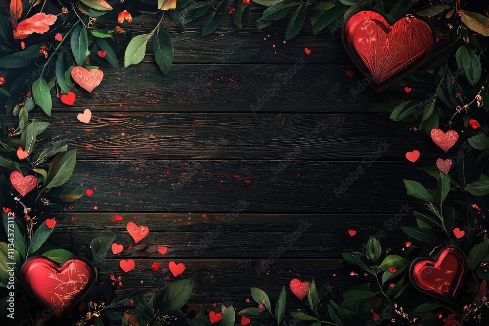 A creative arrangement of red hearts surrounded by lush green leaves on a dark wooden background highlights a festive and romantic atmosphere, perfect for celebrations or events.