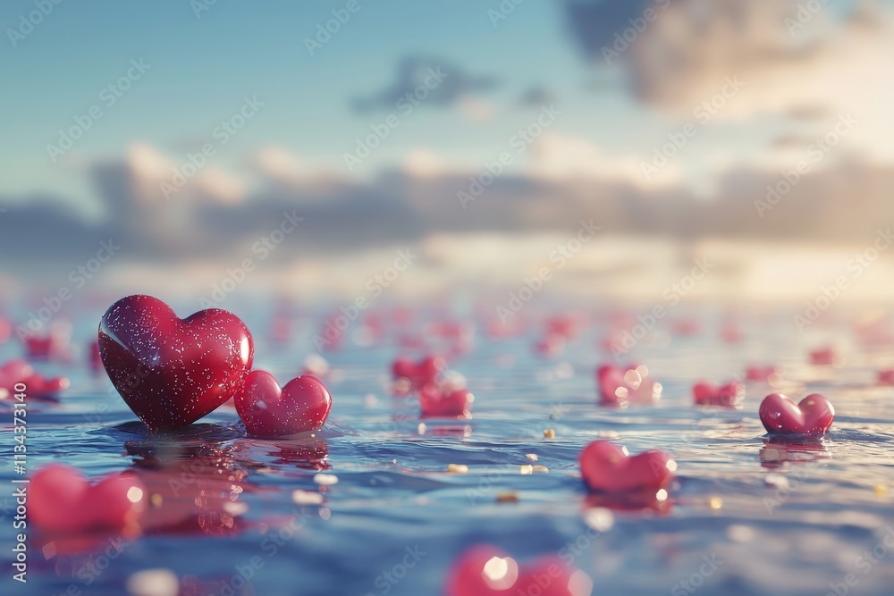 Floating heart shapes create a romantic atmosphere on calm waters as the sun sets, casting warm hues across the sky. The overall scene evokes love and tranquility in nature.