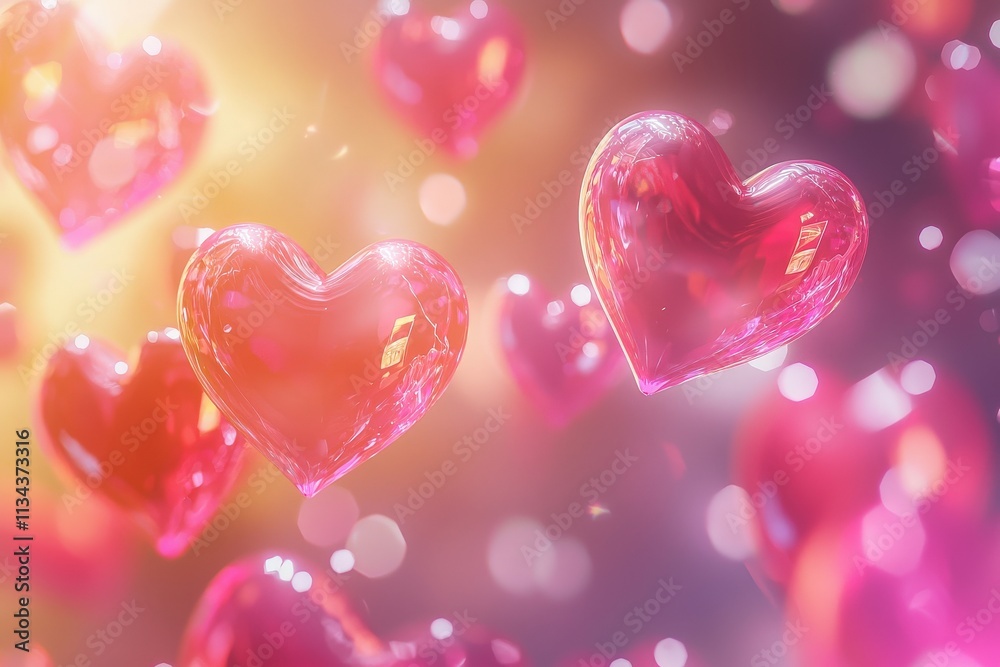 A collection of translucent pink hearts floats in mid-air, shimmering with light, surrounded by a soft, warm glow. The enchanting scene evokes feelings of love and joy.