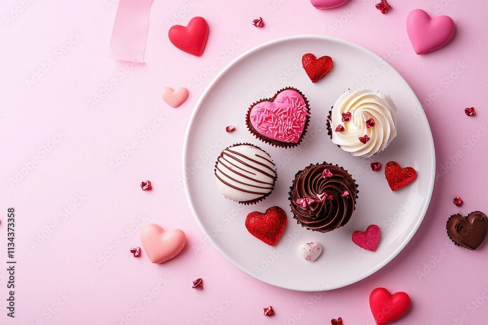A collection of colorful cupcakes sits on a round white plate, surrounded by heart-shaped candies on a pink background. Perfect for a celebration or special occasion.