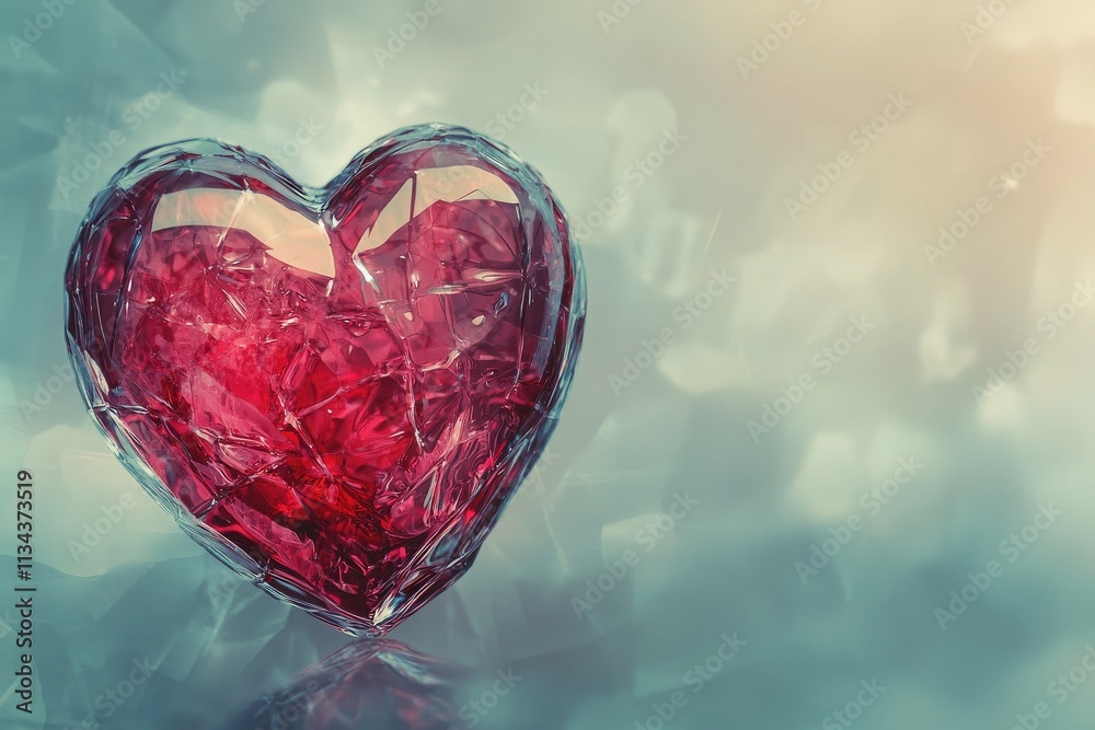 A beautifully crafted crystal heart sculpture sits on a reflective surface. Its intricate facets shimmer with hues of red and pink, creating a romantic atmosphere against a soft pastel backdrop.