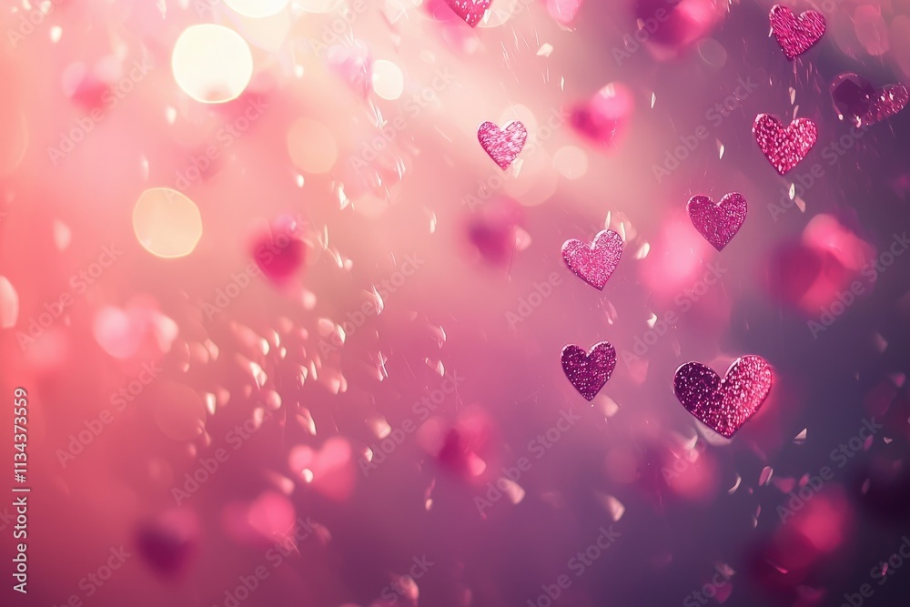Pink and purple hearts float in a whimsical blur, creating a magical atmosphere. Sparkling light enhances the romantic vibe, inviting feelings of joy and celebration.