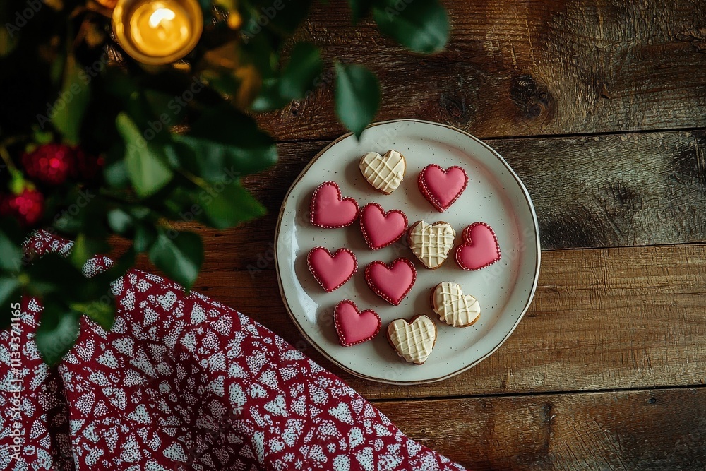 A variety of heart-shaped cookies, some decorated with pink icing and others with a waffle pattern, are artistically placed on a plate. They sit on a wooden table beneath a festive tree.