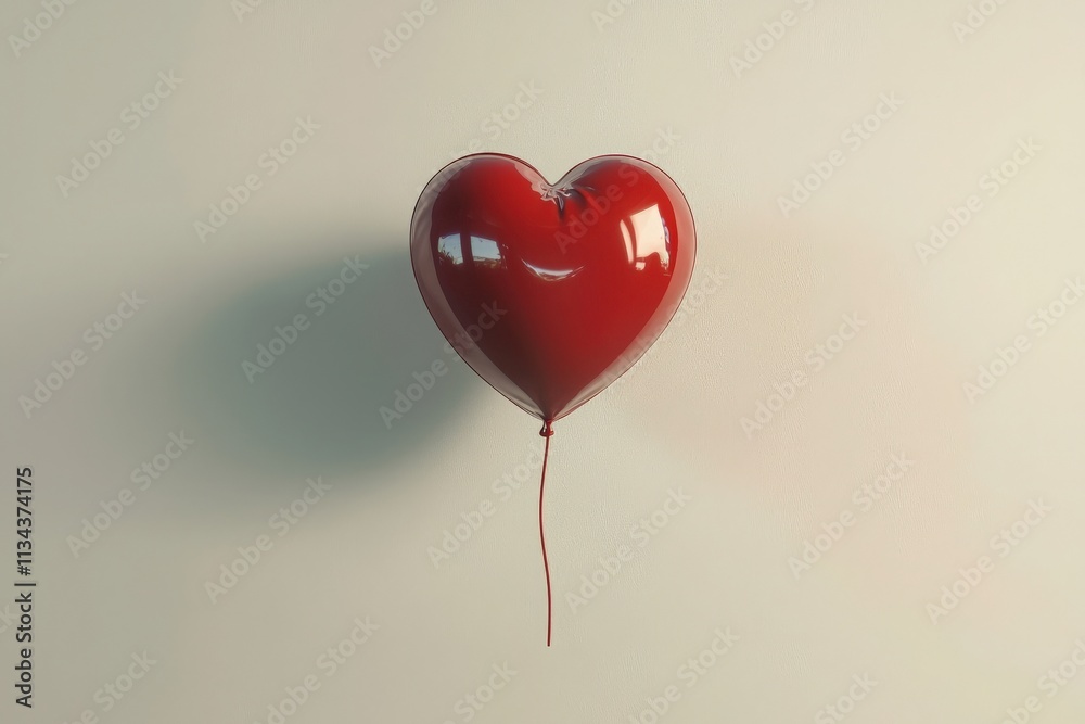 A red heart-shaped balloon is gently floating against a light wall. The simple yet striking design evokes feelings of love and celebration, perfect for romantic occasions.
