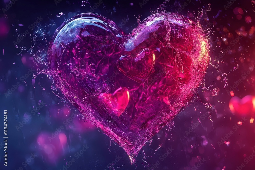 A large heart-shaped splash of water in shades of purple and pink creates a dynamic visual effect. Smaller hearts adhere to the larger form, showcasing creativity and artistic expression.