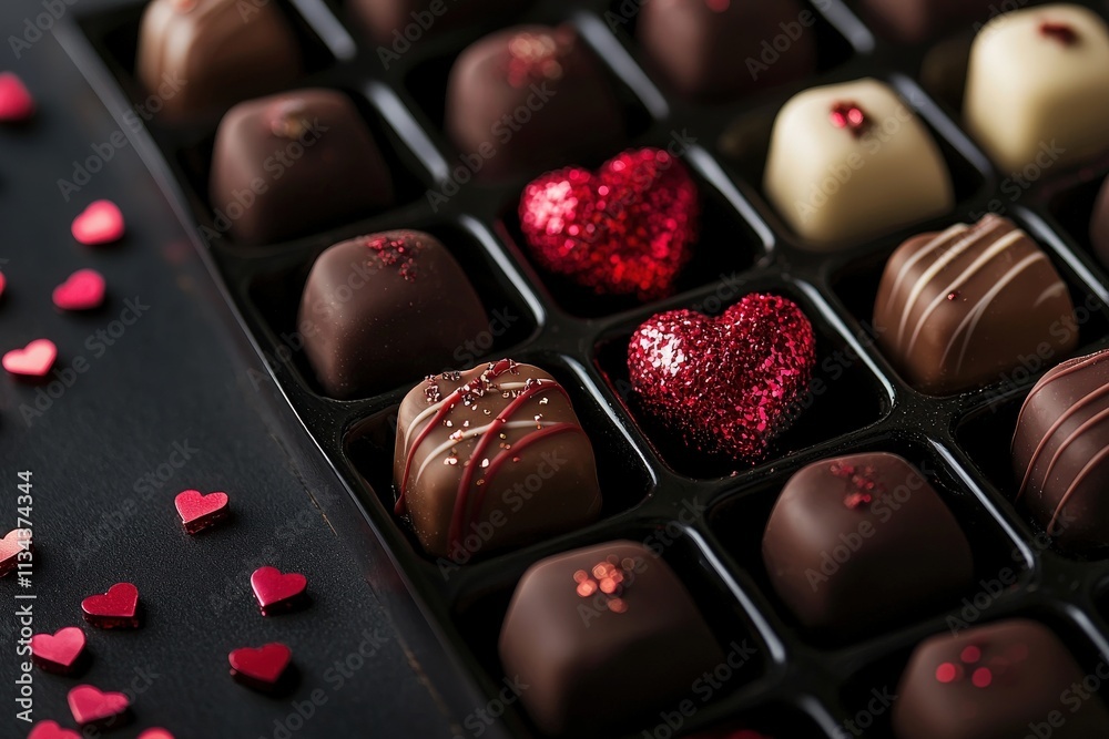 Delicious chocolates in various shapes, including heart-shaped treats, are arranged beautifully in a black box.