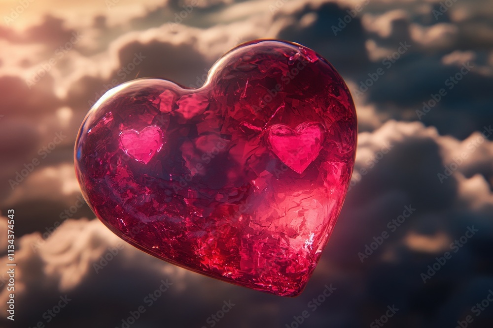 A large, translucent heart-shaped crystal sparkles in vibrant red tones, gently hovering above fluffy clouds. Two smaller heart shapes are visible inside, enhancing the romantic ambiance.