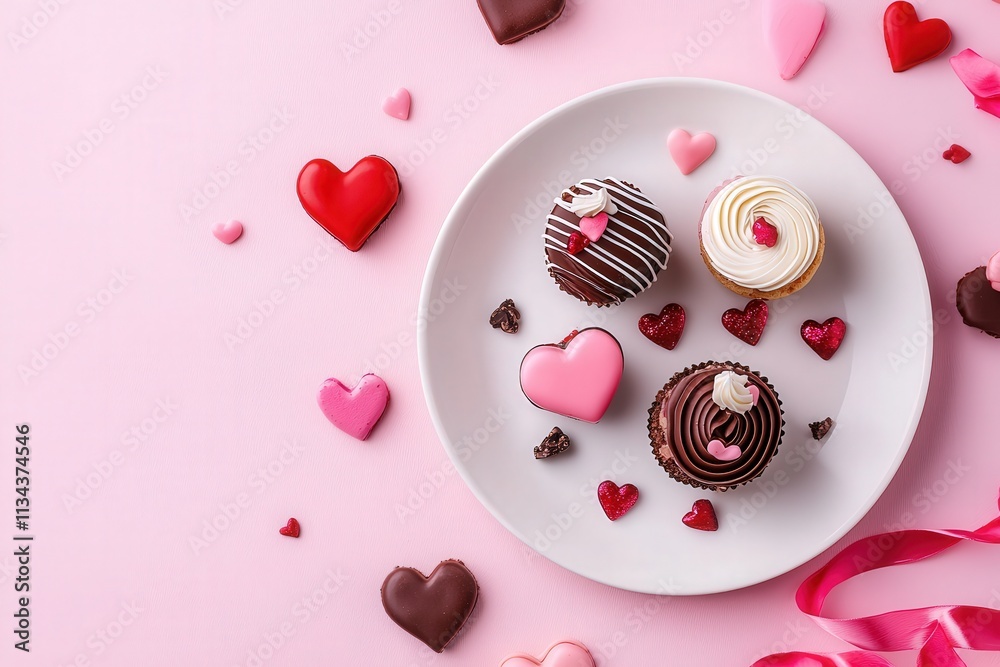 Delicious cupcakes decorated with frosting and chocolate sit on a white plate surrounded by heart-shaped chocolates. The festive pink background adds a cheerful touch appropriate for celebrations.