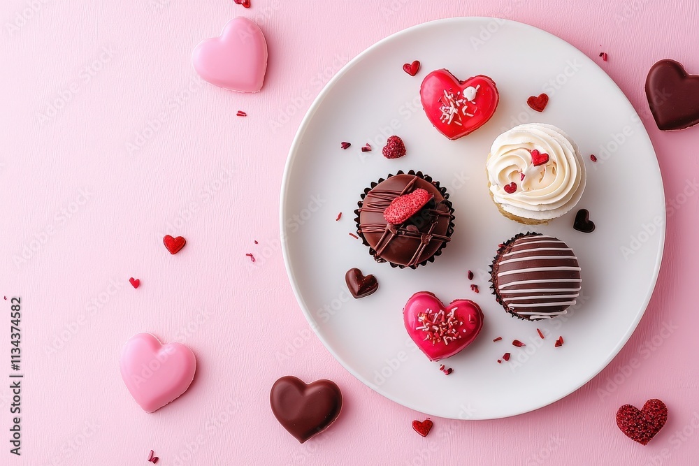 A plate features an assortment of decorated cupcakes and cookies, including chocolate and vanilla flavors, on a soft pink background adorned with small heart-shaped decorations.