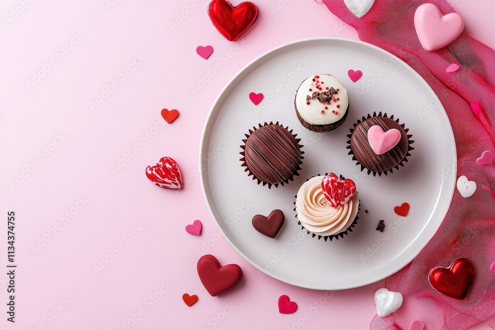 Delicate cupcakes topped with chocolate and frosting are beautifully arranged on a white plate. Surrounding them are colorful heart decorations, ideal for a romantic occasion.