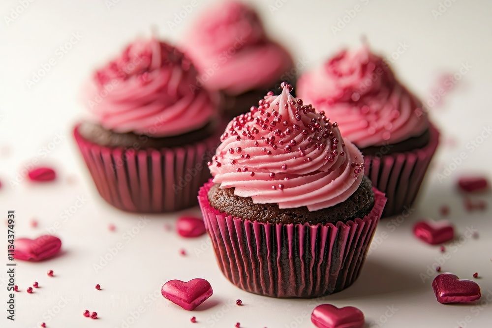 Decadent chocolate cupcakes topped with pink frosting and sprinkles are arranged on a white surface. Heart-shaped decorations surround the cupcakes, perfect for celebrations.